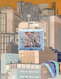 a painting of a city with buildings in the background